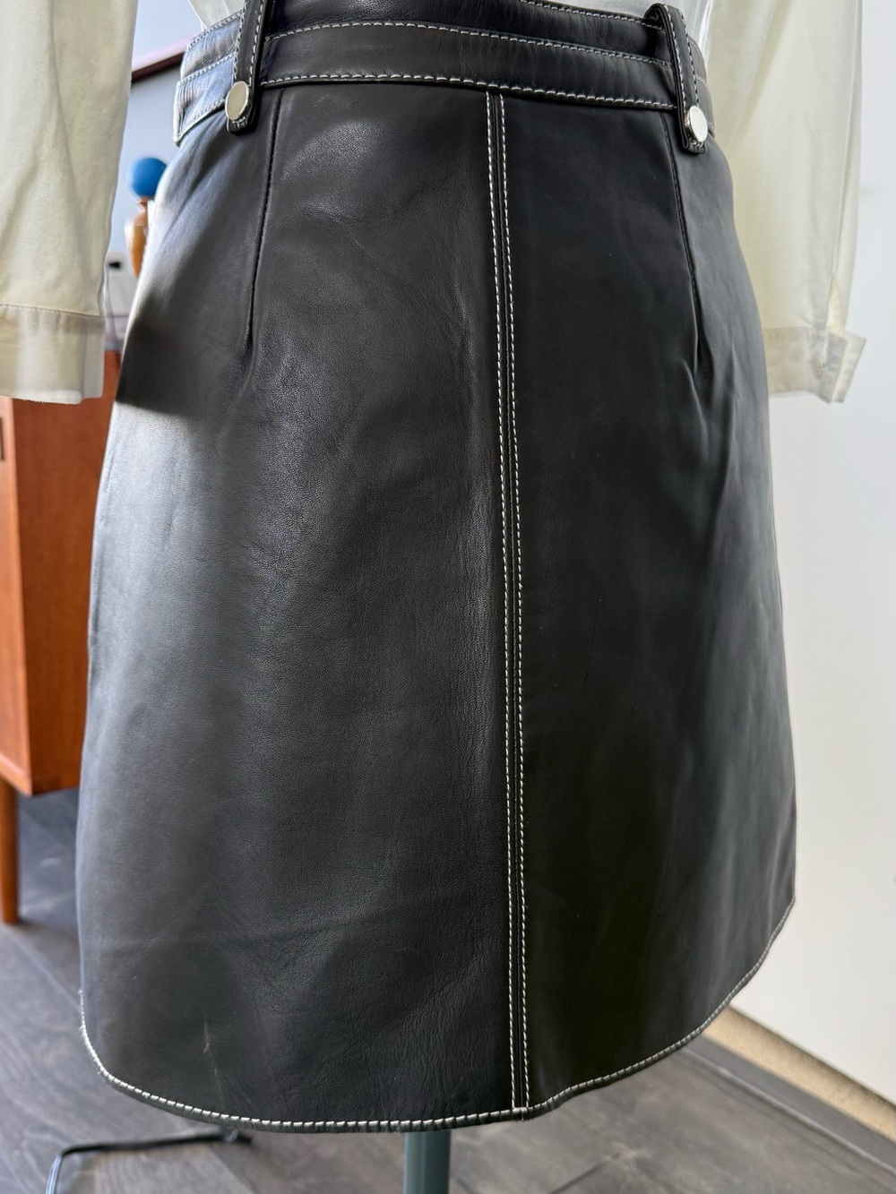 Maje Black Leather A-Line Skirt with Belt and Snap Front - Picture 6 of 9